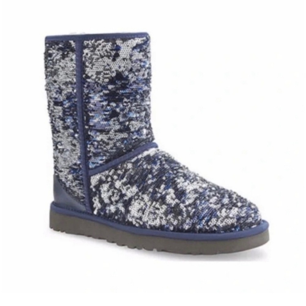 UGG Australia Classic Short Sparkle Navy Silver Sequin Boots 1002978 Womens 7